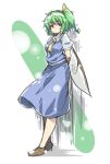  1girl against_wall arms_behind_back ascot bangs blue_dress bow breasts closed_mouth daiyousei dress fairy_wings from_side full_body green_eyes green_hair hair_bow highres looking_at_viewer looking_to_the_side medium_breasts ototobe puffy_short_sleeves puffy_sleeves short_sleeves side_ponytail solo standing touhou wings 