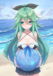  1girl absurdres adapted_costume aqua_hair ball bangs beach beachball bikini bikini_skirt black_bikini black_ribbon blue_eyes blush breasts cowboy_shot embarrassed hair_between_eyes hair_ornament hair_ribbon hairclip halterneck highres holding holding_ball kantai_collection long_hair medium_breasts midriff miniskirt outdoors parted_bangs pleated_skirt ponytail ribbon sidelocks skirt swimsuit thighs water wavy_mouth yamakaze_(kantai_collection) yaosera 