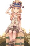  &gt;:) 1girl :d armband atelier_(series) atelier_escha_&amp;_logy blonde_hair blush boots brown_boots brown_eyes brown_gloves brown_shorts collarbone dutch_angle fingerless_gloves gloves hand_on_headwear hat highres jewelry katla_larchica looking_at_viewer machikado necklace open_mouth orange_legwear shirt short_hair_with_long_locks shorts single_glove sitting sleeveless sleeveless_shirt smile socks solo suitcase white_background white_shirt 