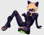  1boy adrien_agreste animal_ears arm_support bell bell_collar belt blonde_hair bodysuit boots cat_ears catsuit character_name chat_noir collar fake_animal_ears flipped_hair full_body green_eyes green_sclera grey_background jingle_bell mask miraculous_ladybug mouth_hold paw_print samep 