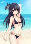  1girl bare_shoulders beach bikini black_hair breasts cleavage clouds day front-tie_bikini front-tie_top hair_ornament highres long_hair looking_at_viewer medium_breasts navel neptune_(series) noire ocean outdoors red_eyes ribbon sand side-tie_bikini sky smile solo standing swimsuit water 