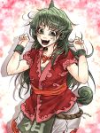  clenched_hands facial_tattoo fangs green_eyes green_hair hands_up hidden_star_in_four_seasons horn komano_aunn long_hair looking_at_viewer magatama open_mouth pointy_ears red_shirt ryuuichi_(f_dragon) shirt short_sleeves skirt smile solo tail tattoo touhou white_skirt wristband 