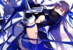  1girl armor armored_boots bdsm black_coat blue_eyes blue_ribbon bondage boots bound commentary_request fate/extra fate/extra_ccc fate_(series) fukuda935 hair_ribbon long_hair long_sleeves meltlilith navel purple_hair revealing_clothes ribbon ribbon_bondage simple_background solo thigh-highs thigh_boots very_long_hair 