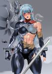  1girl abs armor artist_name blue_hair blush bodysuit bowalia breasts clenched_hand covered_navel cowboy_shot fingerless_gloves gloves long_hair muscular muscular_female needle open_mouth original restraints scarf simple_background steam tape thigh_gap toned torn_clothes violet_eyes 