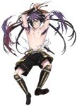  1boy armor clenched_teeth fudou_yukimitsu japanese_armor kiwame_(touken_ranbu) kote male_focus minato_(robin) official_art ponytail purple_hair shin_guards shirtless shorts tantou teeth torn_clothes torn_shorts touken_ranbu violet_eyes weapon 