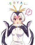  1girl ? black_hair blonde_hair character_name drawstrings english kemono_friends kim_bae-eo long_hair looking_at_viewer low_twintails multicolored_hair open_mouth pink_hair red_eyes royal_penguin_(kemono_friends) solo spoken_question_mark turtleneck twintails upper_body white_background white_hair 