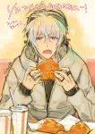  1boy ? antenna_hair bright_pupils eating fried_chicken happy_birthday headphones hood hooded_jacket jacket long_hair looking_at_viewer mascot naitou-kun nitro+_chiral open_mouth red_eyes silver_hair sitting soda_cup table text translation_request upper_body yamada_uiro 