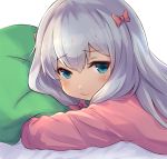  1girl 3: bangs blue_eyes blush bow close-up closed_mouth eromanga_sensei eyebrows_visible_through_hair from_side grey_hair hair_between_eyes hair_bow izumi_sagiri long_hair looking_at_viewer pajamas pink_bow pout silver_hair simple_background solo stuffed_animal stuffed_octopus stuffed_toy tgh326 white_background 