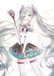  1girl detached_sleeves hatsune_miku highres lengchan_(fu626878068) long_hair looking_at_viewer magical_mirai_(vocaloid) microphone musical_note nail_polish open_mouth skirt solo tattoo thigh-highs twintails very_long_hair vocaloid white_background white_legwear 
