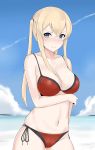  1girl absurdres angry beach bikini blonde_hair blue_eyes blush breasts cleavage cowboy_shot day graf_zeppelin_(kantai_collection) hair_between_eyes highres iron_cross kantai_collection large_breasts long_hair looking_at_viewer maruya1006 navel no_hat no_headwear outdoors red_bikini side-tie_bikini sidelocks solo standing swimsuit twintails 