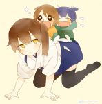  3girls all_fours black_legwear blue_hair blush blush_stickers brown_eyes brown_hair chibi closed_eyes eyebrows_visible_through_hair hair_tie hakama_skirt heart hip_vent hiryuu_(kantai_collection) ina_(1813576) japanese_clothes kaga_(kantai_collection) kantai_collection kimono long_hair multiple_girls one_side_up side_ponytail simple_background sitting sitting_on_person smile souryuu_(kantai_collection) sparkle sparkling_eyes thigh-highs twintails twitter_username 