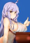  1girl ahoge braid breast_rest breasts crop_top from_side granblue_fantasy hair_between_eyes large_breasts long_hair looking_at_viewer midriff myumi open_mouth purple_hair signature silva_(granblue_fantasy) thumbs_up twin_braids very_long_hair wavy_hair yellow_eyes 