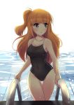  1girl absurdres black_swimsuit blonde_hair competition_school_swimsuit covered_navel cowboy_shot green_eyes highres long_hair looking_to_the_side one_side_up original pool pool_ladder school_swimsuit side_ponytail solo sudhiro swimsuit thigh_gap triangle_mouth wet 