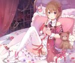  1girl bow braid brown_hair character_request copyright_request hair_bow highres iromi_(a1vlmeta) long_hair looking_at_viewer pillow pink_bow red_eyes sitting solo thigh-highs twin_braids white_legwear 