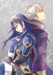  1boy 1girl blue_eyes blue_hair cape falchion_(fire_emblem) fingerless_gloves fire_emblem fire_emblem:_kakusei gloves hood long_hair lucina male_my_unit_(fire_emblem:_kakusei) my_unit_(fire_emblem:_kakusei) robe short_hair shoulder_pads smile sword tiara weapon white_hair 