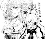  1boy 2girls bannri_bow bishounen blush bow closed_eyes empty_eyes flower grandmother_and_granddaughter greyscale half-closed_eyes hands_on_own_face happy heart imagining link monochrome multiple_girls paya_(zelda) pointy_ears rose smile text the_legend_of_zelda the_legend_of_zelda:_breath_of_the_wild thought_bubble translation_request 