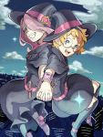  2girls belt blue_eyes boots cityscape clouds cloudy_sky cuffs dress freckles glasses grin hair_over_one_eye hairband handcuffs hat little_witch_academia long_hair looking_at_viewer lotte_jansson multiple_girls open_mouth orange_hair pale_skin red_eyes sharp_teeth short_hair sky skyline smile sucy_manbavaran teeth witch witch_hat 