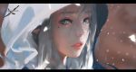  1girl blue_eyes close-up commentary_request face ghostblade grey_hair hair_between_eyes highres hood lips looking_at_viewer mole mole_under_eye open_mouth original realistic solo tagme teeth translated wlop 