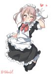  &gt;;d 1girl ;d apron arm_up bangs black_legwear blush bow bowtie ebifurya eyebrows_visible_through_hair frilled_apron frills full_body gloves hair_between_eyes heart highres kantai_collection looking_at_viewer maid maid_headdress no_shoes one_eye_closed open_mouth pink_eyes pink_hair red_bow red_bowtie sazanami_(kantai_collection) short_sleeves sidelocks simple_background skirt_hold smile solo thigh-highs twintails twitter_username v waist_apron white_apron white_background white_gloves zettai_ryouiki 