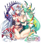  2girls armor bangs bare_shoulders brave_sword_x_blaze_soul breast_press breasts cleavage dragon dress earrings elbow_gloves eyebrows_visible_through_hair fingerless_gloves full_body gloves green_eyes green_hair hair_ornament high_heels jewelry large_breasts logo long_hair looking_at_viewer multiple_girls nardack silver_hair simple_background smile thigh-highs twintails very_long_hair white_background white_hair yellow_eyes 