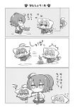  3girls angeltype animal_ears cat_ears cat_tail chibi comic fate/grand_order fate_(series) fish food_bowl food_in_mouth food_theft fujimaru_ritsuka_(female) greyscale highres jeanne_alter monochrome multiple_girls ruler_(fate/apocrypha) tail translated 
