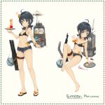  1girl bikini black_hair blue_eyes character_name drink green_bikini hat highres kantai_collection malachite matsukaze_(kantai_collection) mini_hat mini_top_hat number sandals short_hair smile solo swimsuit top_hat 