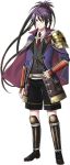  1boy armor cape fudou_yukimitsu japanese_armor kiwame_(touken_ranbu) kote male_focus minato_(robin) necktie official_art ponytail purple_hair shin_guards shorts sode tantou touken_ranbu transparent_background violet_eyes waistcoat weapon 