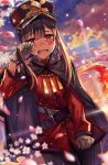  1boy belt black_hair black_pants blurry blush cape cherry_blossoms clenched_hands crying crying_with_eyes_open depth_of_field dutch_angle eyebrows_visible_through_hair fate/grand_order fate_(series) gloves hair_between_eyes hat highres long_hair low_ponytail male_focus moze oda_nobukatsu_(fate/grand_order) one_eye_closed open_mouth outdoors pants petals red_eyes red_shirt shirt solo sparkle standing sunset tears very_long_hair white_gloves 