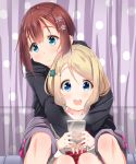  2girls :d ayase_arisa bangs between_legs blonde_hair blue_eyes blush brown_hair cellphone commentary_request curtains frown hair_ornament hairpin highres hood hood_down hoodie hug hug_from_behind jacket kousaka_yukiho long_sleeves love_live! love_live!_school_idol_project mad_(hazukiken) multiple_girls on_bed open_mouth phone polka_dot short_hair sitting sitting_on_bed smartphone smile yuri 