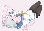  arm_up black_legwear blue_eyes breasts collarbone full_body grey_background hair_ornament hairclip hamakaze_(kantai_collection) hand_on_own_head kantai_collection looking_at_viewer lying medium_breasts no_pants ojipon on_back panties panties_under_pantyhose pantyhose sailor_collar sailor_shirt shirt silver_hair simple_background smile thighband_pantyhose underwear 