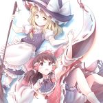  2girls apron armpits blonde_hair bloomers blush bow broom brown_eyes brown_hair detached_sleeves eyebrows_visible_through_hair hair_bow hair_tubes hakurei_reimu hand_holding hat hat_bow highres kirisame_marisa long_hair minust multiple_girls open_mouth puffy_short_sleeves puffy_sleeves ribbon-trimmed_sleeves ribbon_trim sarashi short_sleeves skirt skirt_set smile touhou underwear waist_apron wide_sleeves witch_hat yellow_eyes 