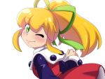  1girl ;) bangs blonde_hair blush breasts closed_mouth commentary_request dress eyebrows_visible_through_hair frilled_dress frills from_behind green_eyes green_ribbon hair_ribbon long_hair long_sleeves looking_at_viewer one_eye_closed ponytail red_dress ribbon rockman rockman_(classic) roll sagamimok shiny shiny_hair sidelocks simple_background small_breasts smile solo turtleneck upper_body white_background 