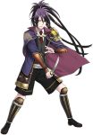  1boy armor cape fudou_yukimitsu japanese_armor kiwame_(touken_ranbu) kote male_focus minato_(robin) necktie official_art open_mouth ponytail purple_hair shin_guards sode tantou touken_ranbu transparent_background violet_eyes waistcoat weapon 