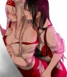  2girls akagi_(kantai_collection) bare_shoulders blurry blush breasts brown_eyes brown_hair commentary_request depth_of_field from_above hairband kantai_collection large_breasts long_hair multiple_girls off_shoulder shoukaku_(kantai_collection) shuu-0208 undressing white_hair yellow_eyes yuri 