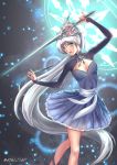  1girl adsoutoart dress highres holding holding_weapon long_hair looking_at_viewer ponytail rapier rwby shirt solo sword weapon weiss_schnee white_shirt 