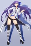  1girl black_legwear blue_eyes boots breasts coat fate/extra fate/extra_ccc fate_(series) full_body grin hand_on_hip high_heels highres i-pan long_hair meltlilith micro_shorts navel purple_hair silhouette small_breasts smile solo thigh-highs 