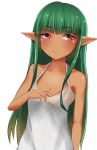  1girl absurdres dark_skin elf flat_chest green_hair hand_on_own_chest highres lasly long_hair looking_at_viewer original pointy_ears red_eyes shirt smile standing tan very_long_hair white_shirt 