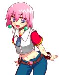  1girl absurdres beauty blue_eyes blush bobobo-bo_bo-bobo denim earrings highres hiiragi0209 jeans jewelry looking_at_viewer midriff open_mouth pants pink_hair short_hair smile solo standing 