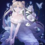  1girl bare_shoulders bishoujo_senshi_sailor_moon blonde_hair blue_background blue_eyes bow bracelet breasts butterfly cleavage crescent dated double_bun dress expressionless facial_mark flower forehead_mark highres jewelry large_breasts lily_(flower) long_hair looking_at_viewer princess_serenity siann signature solo tsukino_usagi twintails white_bow white_dress 
