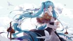  1girl bird blue_eyes blue_hair blurry blush braid closed_mouth clouds dove dress hatsune_miku highres holding k.syo.e+ long_hair long_sleeves looking_at_viewer pink_ribbon revision ribbon solo twintails very_long_hair vocaloid 
