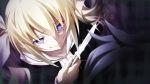  1boy 1girl arimura_hinae blonde_hair blue_eyes blue_hair bow collarbone eyebrows_visible_through_hair game_cg hair_bow hair_ribbon holding holding_knife knife long_hair looking_at_viewer miyashiro_takuru official_art ribbon smile twintails white_ribbon 