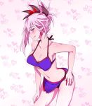  1girl asymmetrical_hair bare_shoulders bikini blue_eyes blush breasts cleavage collarbone commentary_request cowboy_shot earrings eyebrows_visible_through_hair eyelashes fate/grand_order fate_(series) hair_ornament hand_on_own_ass hand_on_own_thigh heart heart_background heart_pattern heart_print higata_akatsuki jewelry large_breasts long_hair looking_at_viewer midriff miyamoto_musashi_(fate/grand_order) navel pink_hair ponytail smile solo swimsuit thighs tongue tongue_out 
