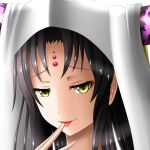  1girl black_hair facial_mark fate/extra fate/extra_ccc fate_(series) finger_licking forehead_mark horns licking long_hair looking_at_viewer portrait rebaria sesshouin_kiara smile solo tongue tongue_out veil yellow_eyes 