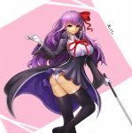  1girl artist_name ass bb_(fate/extra_ccc) black_legwear breasts cape fate/extra fate/extra_ccc fate_(series) gloves looking_at_viewer notte panties pointer purple_hair skirt smile solo thigh-highs thighs underwear violet_eyes white_gloves white_panties 