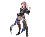  1boy belt blue_eyes boots braid full_body granblue_fantasy jewelry long_hair minaba_hideo official_art pink_hair ponytail randall_(granblue_fantasy) ring solo teeth transparent_background 