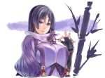  1girl bamboo bangs blush breasts commentary fate/grand_order fate_(series) fingerless_gloves gloves huge_breasts lips long_hair looking_at_viewer minamoto_no_raikou_(fate/grand_order) parted_bangs parted_lips puffy_sleeves purple_hair sano_sanosuke simple_background smile solo violet_eyes 