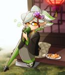  1girl commentary commentary_request domino_mask hotaru_(splatoon) japanese_clothes kimono long_hair mask mole mole_under_eye pointy_ears sayoyonsayoyo solo splatoon splatoon_2 tea tentacle_hair umbrella 