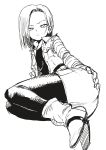  1girl android_18 ass_grab bangs black_legwear black_shirt boots dragon_ball dragonball_z earrings full_body hand_on_ass highres jacket jewelry long_sleeves looking_at_viewer lying monochrome open_clothes open_jacket pantyhose parted_bangs shirt short_hair skirt solo torn_clothes yamamoto_souichirou 