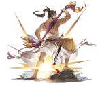  1boy abs back bare_shoulders barefoot beard belt brown_hair facial_hair full_body granblue_fantasy grass hat jin_(granblue_fantasy) katana leaf long_hair male_focus minaba_hideo official_art ponytail rock scar solo sword teeth towel transparent_background weapon 