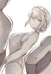  1girl :o blush breasts dutch_angle goggles large_breasts lolicept looking_back monochrome one-piece_swimsuit original sweat swim_cap swimsuit wet 